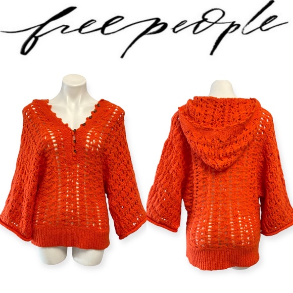 Free People Hooded Open Knit Dolman Sweater Orange Wool Blend Crochet Pullover M - Picture 3 of 16